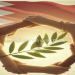 شعار رمزي يجمع أيادي مترابطة مع غصن زيتون أمام علم البحرين، يمثل قيم الجمعية البهائية الاجتماعية في التعايش السلمي، موقع abnnews.net.
