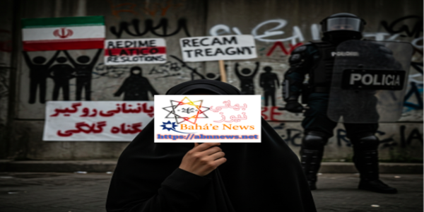 امرأة محجبة حزينة أمام جدار مليء بكتابات احتجاجية وشرطي مكافحة شغب، تعبر عن اضطهاد النساء في إيران.