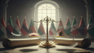 ميزان العدالة وأعلام دول عربية يرمز للبحث في القوانين والحقوق المدنية.