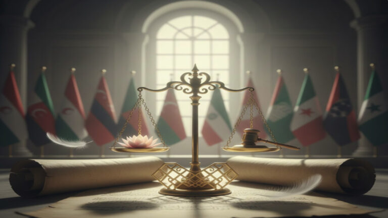 ميزان العدالة وأعلام دول عربية يرمز للبحث في القوانين والحقوق المدنية.