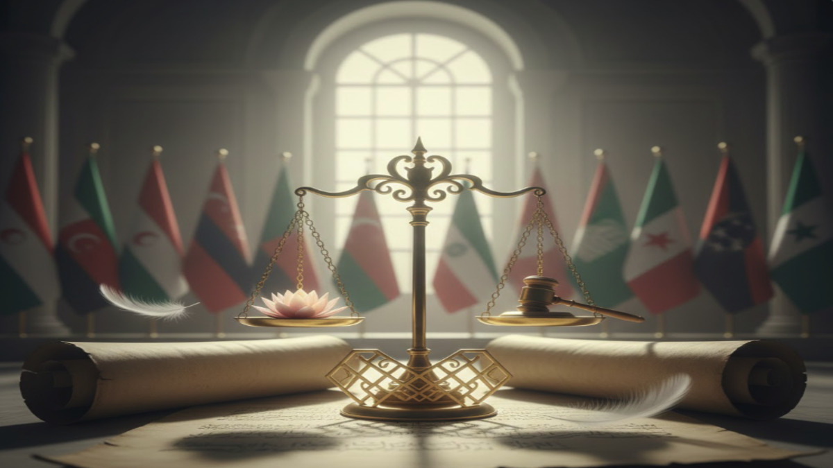 ميزان العدالة وأعلام دول عربية يرمز للبحث في القوانين والحقوق المدنية.