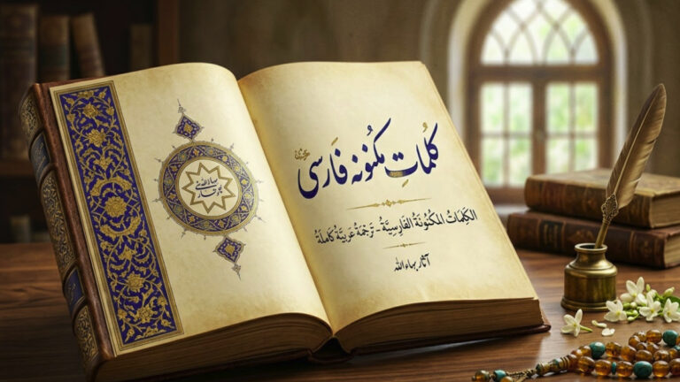 كتاب الكلمات المكنونة الفارسية مترجم للعربية مع زخارف فنية وخط فارسي عريق.