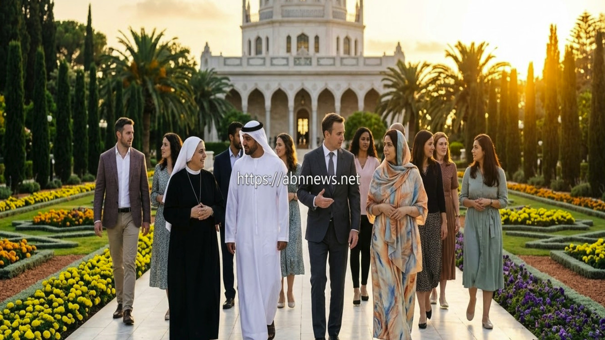 مجموعة متنوعة من الضيوف يمشون في حدائق البهجة بعكا خلال احتفالات أيام الهاء مع علامة مائية https://abnnews.net.