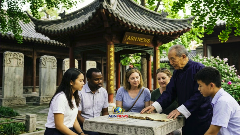 شيخ صيني يشرح تعاليم الديانة الكونفوشيوسية من كتاب قديم لمجموعة من السياح في معبد تاريخي يحمل شعار ABN NEWS