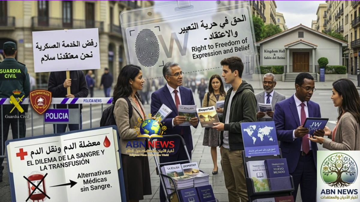 لوحة بصرية تجمع معتقدات شهود يهوه: التبشير في الشوارع، معارضة الخدمة العسكرية، وكتيب يوضح موقفهم الديني من رفض نقل الدم والبدائل الطبية.