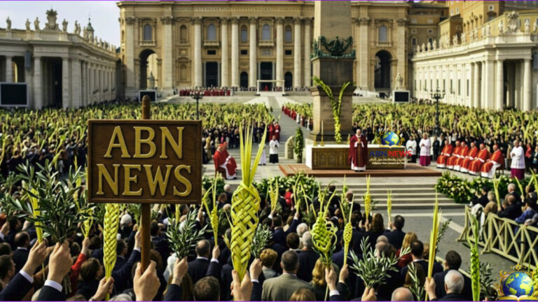 مئات المصلين يحملون سعف النخيل المجدول وأغصان الزيتون في ساحة القديس بطرس بالفاتيكان خلال احتفالات أحد الشعانين Palm Sunday مع شعار ABN NEWS.