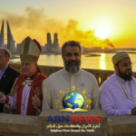 اجتماع قادة وممثلي الأديان في البحرين على شرفة يطل على المنامة وقت الغروب، صلاة من أجل السلام العالمي 2026.