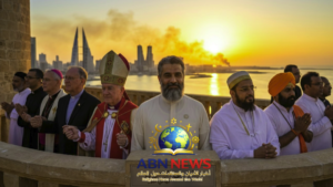 اجتماع قادة وممثلي الأديان في البحرين على شرفة يطل على المنامة وقت الغروب، صلاة من أجل السلام العالمي 2026.
