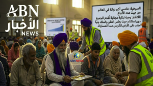 أتباع ديانة السيخية يجلسون على الأرض في مطبخ اللانغار لتناول وجبة مجانية تعبيراً عن المساواة بين الفقير والملك