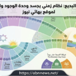 رسم توضيحي للتقويم البهائي البديع يظهر دورة الـ 19 شهراً وأسماء الصفات الإلهية مع شعار بهائي نيوز.
