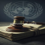 وثائق قانونية ومطرقة القضاء أمام شعار الأمم المتحدة تعبيراً عن تقارير إدانة التمييز ضد البهائيين في مصر، موقع abnnews.net.