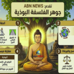 إنفوجرافيك من ABN NEWS يشرح جوهر الفلسفة البوذية، بما في ذلك الحقائق النبيلة الأربع، الكارما، التناسخ، والوصول إلى النيرفانا.