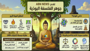 إنفوجرافيك من ABN NEWS يشرح جوهر الفلسفة البوذية، بما في ذلك الحقائق النبيلة الأربع، الكارما، التناسخ، والوصول إلى النيرفانا.