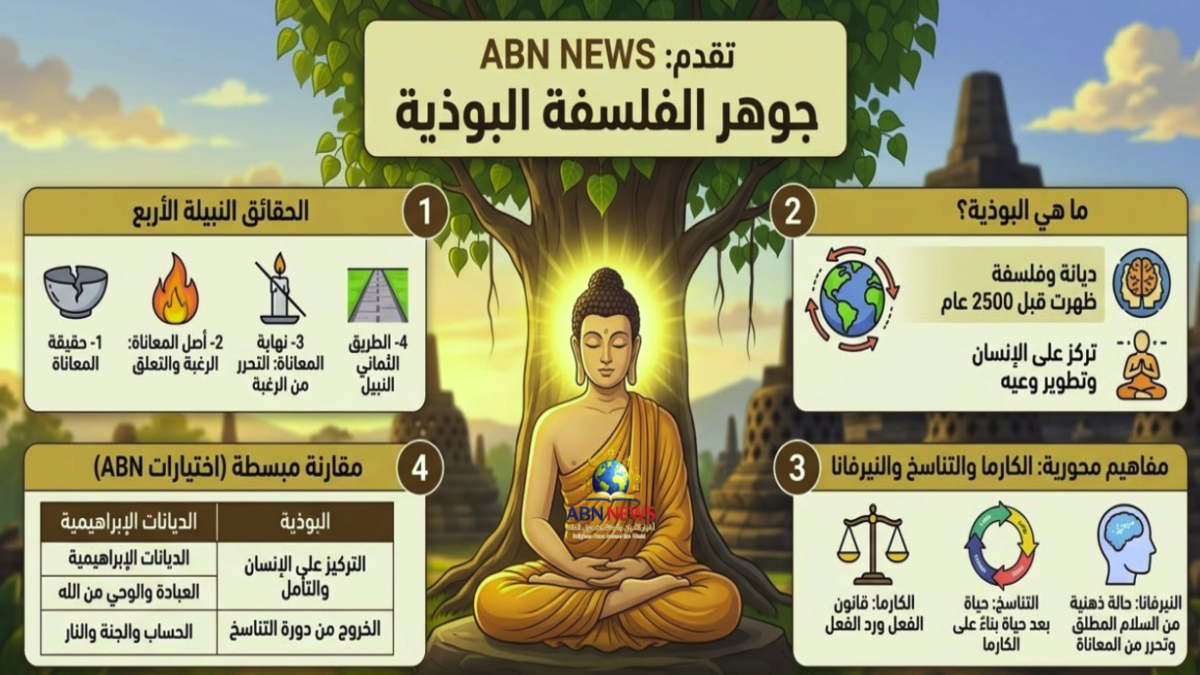 إنفوجرافيك من ABN NEWS يشرح جوهر الفلسفة البوذية، بما في ذلك الحقائق النبيلة الأربع، الكارما، التناسخ، والوصول إلى النيرفانا.