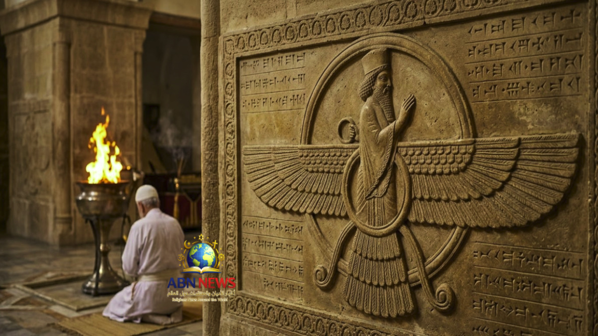 نقش حجري لرمز الفراوفهر الزرادشتي على جدار معبد مع شخص يصلي وشعلة النار المقدسة في الخلفية.