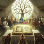 A symbolic global gathering of faith representatives discussing afterlife beliefs and sacred texts.