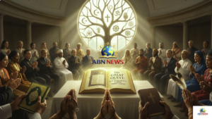 A symbolic global gathering of faith representatives discussing afterlife beliefs and sacred texts.