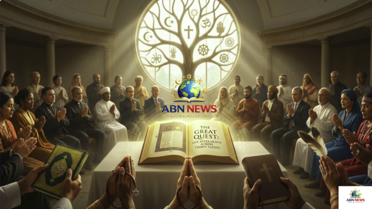 A symbolic global gathering of faith representatives discussing afterlife beliefs and sacred texts.