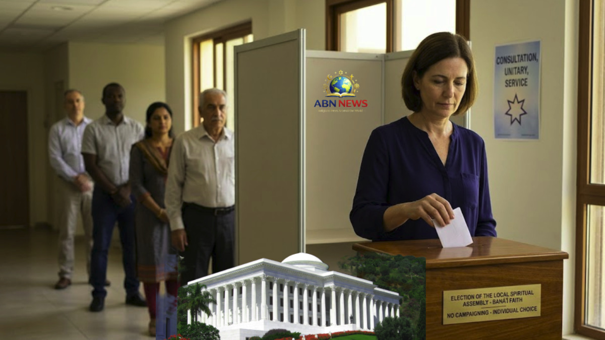 A person casting a secret ballot in a Baha'i administrative election for a Local Spiritual Assembly.