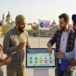 A group of people from diverse backgrounds looking at a digital screen showing a comparison chart of religious donations like Zakat, Tithe, and Dasvandh.
