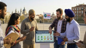 A group of people from diverse backgrounds looking at a digital screen showing a comparison chart of religious donations like Zakat, Tithe, and Dasvandh.