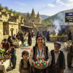 Ezidi families celebrating Çarşema Sor (Red Wednesday) in a traditional village, showing colored eggs and festive decorations with the ABN NEWS logo.