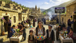 Ezidi families celebrating Çarşema Sor (Red Wednesday) in a traditional village, showing colored eggs and festive decorations with the ABN NEWS logo.
