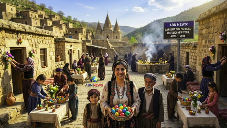 Ezidi families celebrating Çarşema Sor (Red Wednesday) in a traditional village, showing colored eggs and festive decorations with the ABN NEWS logo.