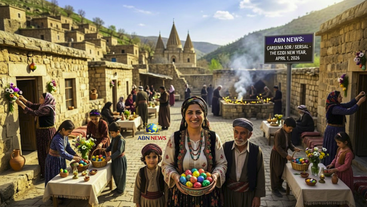 Ezidi families celebrating Çarşema Sor (Red Wednesday) in a traditional village, showing colored eggs and festive decorations with the ABN NEWS logo.
