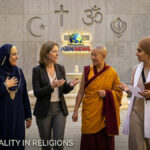 A diverse group of women from various religious backgrounds walking together in front of a wall with religious symbols and an equality sign.