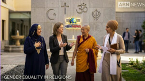 A diverse group of women from various religious backgrounds walking together in front of a wall with religious symbols and an equality sign.