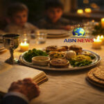 A traditional Passover Seder table featuring Matzah, the Seder plate, and an open Haggadah during a family celebration.