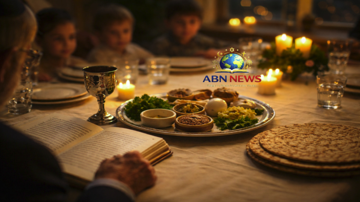 A traditional Passover Seder table featuring Matzah, the Seder plate, and an open Haggadah during a family celebration.