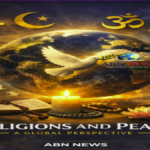 Religions and peace concept showing world religions symbols around Earth promoting peace and anti war message