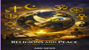 Religions and peace concept showing world religions symbols around Earth promoting peace and anti war message