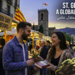 A couple exchanging a red rose and a book in a street market for St. George's Day celebration with international flags in the background.