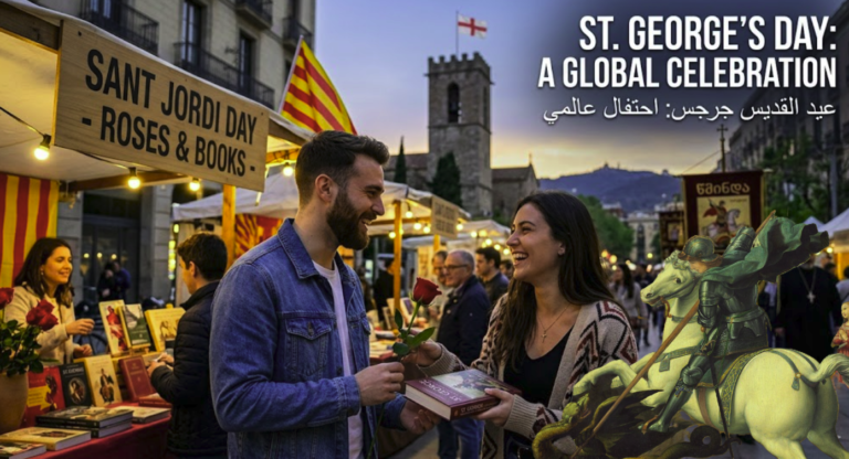 A couple exchanging a red rose and a book in a street market for St. George's Day celebration with international flags in the background.