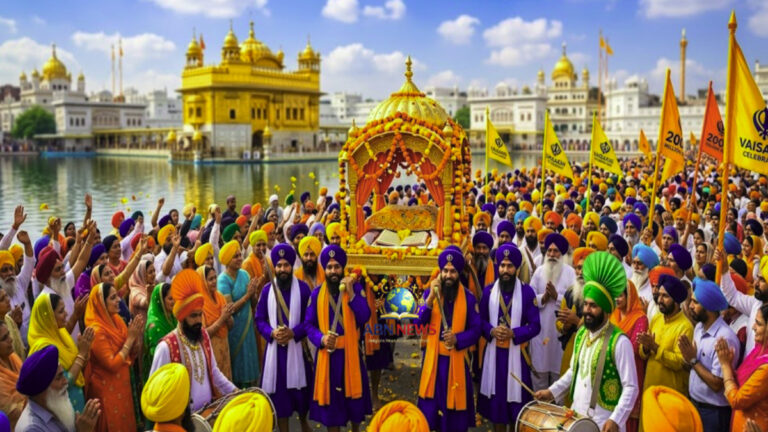 A massive crowd of over 200 million people celebrating the Vaisakhi festival in the vibrant Nagar Kirtan parade in Amritsar, with the 'ABN NEWS' logo visible.