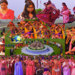 A collage featuring an architectural rendering of the new Bahá'í House of Worship in Nepal surrounded by community members engaged in prayer and traditional cultural performances during the design unveiling event.