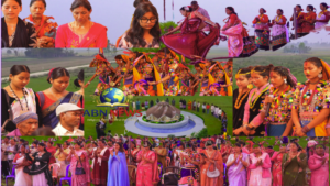A collage featuring an architectural rendering of the new Bahá'í House of Worship in Nepal surrounded by community members engaged in prayer and traditional cultural performances during the design unveiling event.
