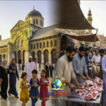 Muslims celebrating Eid al-Adha with prayer and sharing sacrificial meat in a festive community gathering.
