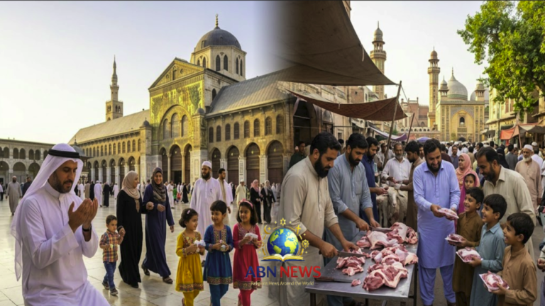Muslims celebrating Eid al-Adha with prayer and sharing sacrificial meat in a festive community gathering.