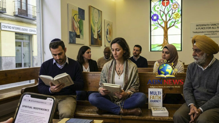 A diverse group of individuals sitting together in an interfaith sanctuary, studying different religious texts and representing the exploration of multiple spiritual paths.