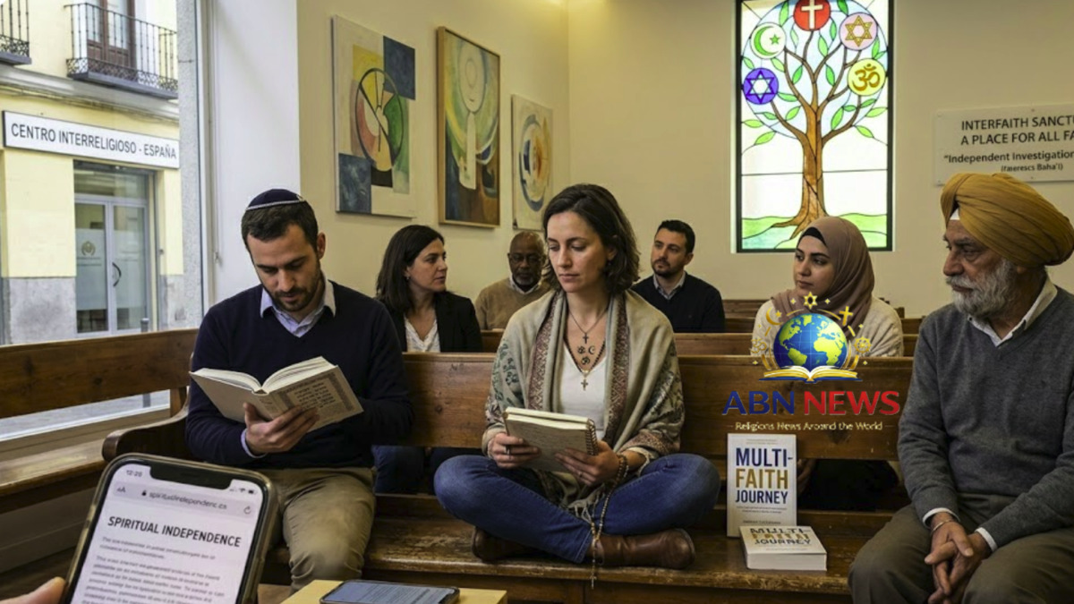 A diverse group of individuals sitting together in an interfaith sanctuary, studying different religious texts and representing the exploration of multiple spiritual paths.