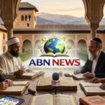 Religious leaders from different faiths sitting together at a table studying ancient sacred texts.