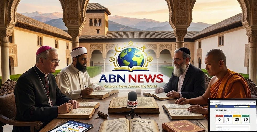 Religious leaders from different faiths sitting together at a table studying ancient sacred texts.