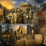 Collage panoramique représentant les anciennes civilisations et religions disparues comme l’Égypte, la Grèce, Rome, les Vikings et la Mésopotamie