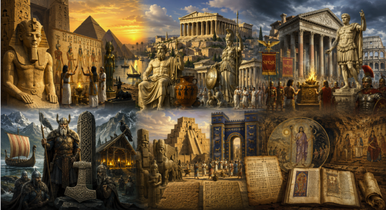 Collage panoramique représentant les anciennes civilisations et religions disparues comme l’Égypte, la Grèce, Rome, les Vikings et la Mésopotamie