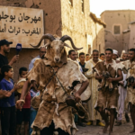 An Amazigh performer wearing traditional goat skins and horns during the Boujloud festival in Morocco.