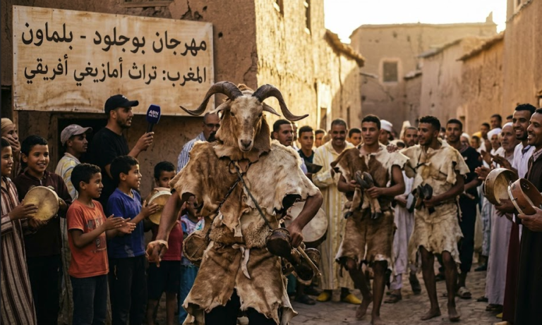 An Amazigh performer wearing traditional goat skins and horns during the Boujloud festival in Morocco.